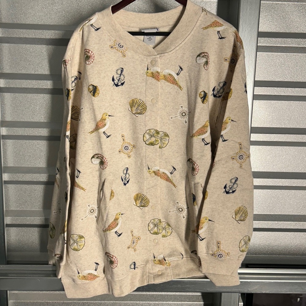 Blair Nautical Shell Bird Snap Front Sweatshirt Womens 3XL Beige Coastal Grandma